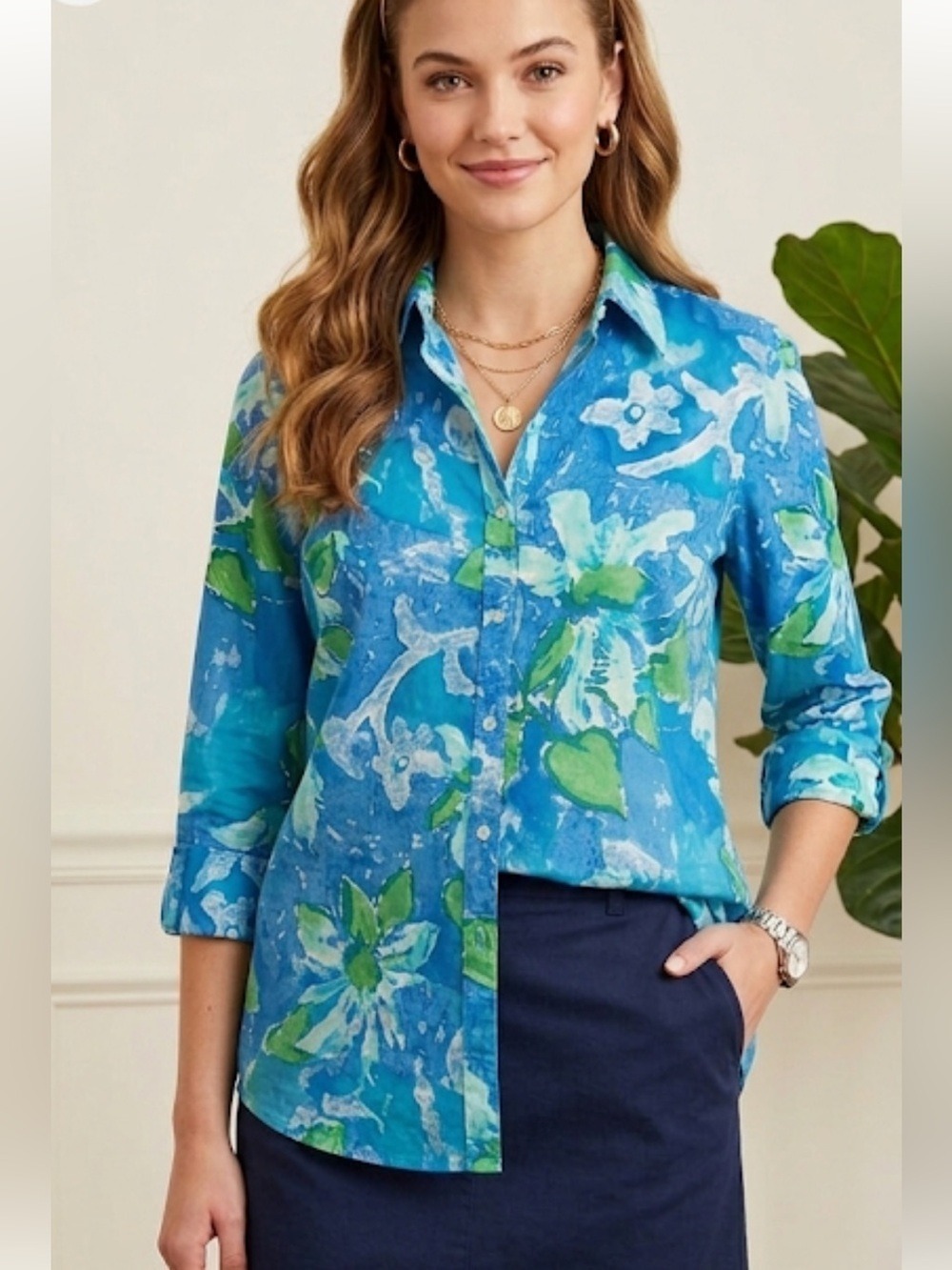 Chaps Blue Green Floral Cotton Shirt Size PL